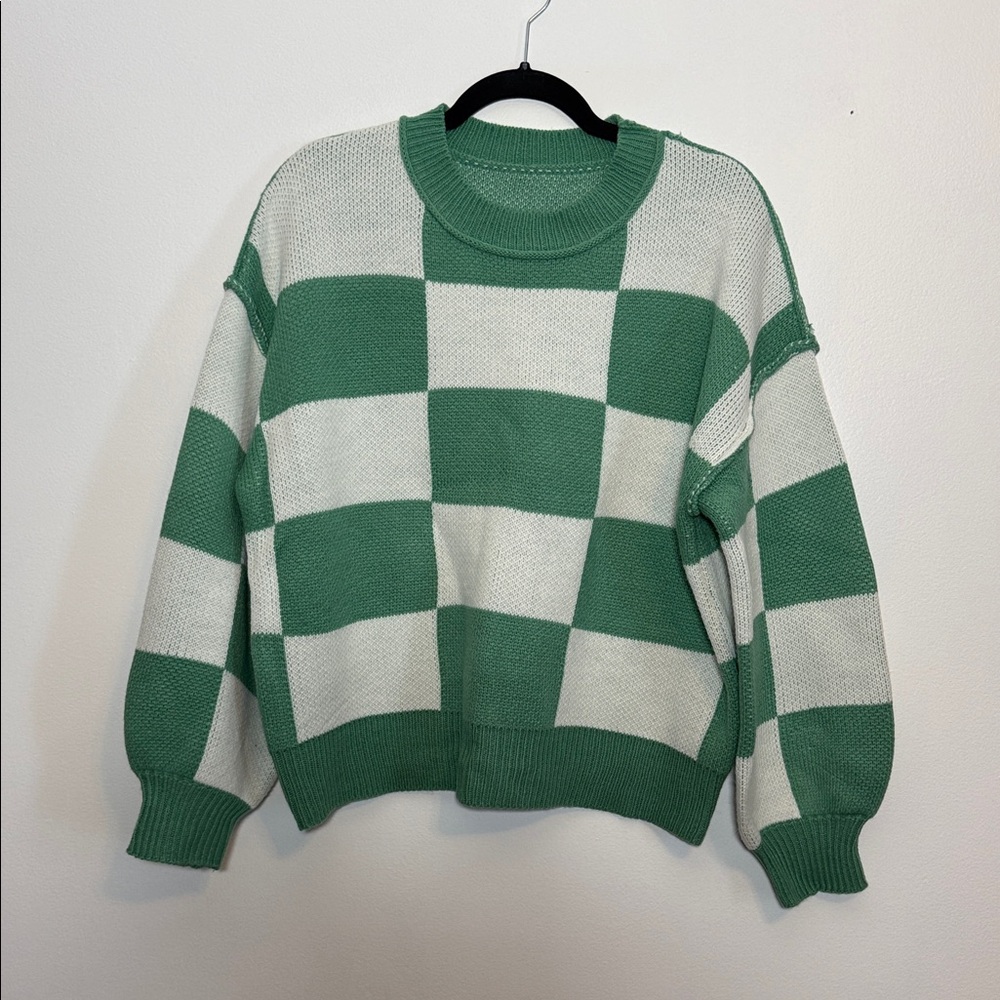 Green & White Checker Knit Sweater | Boxy Cropped Fit | No Tag